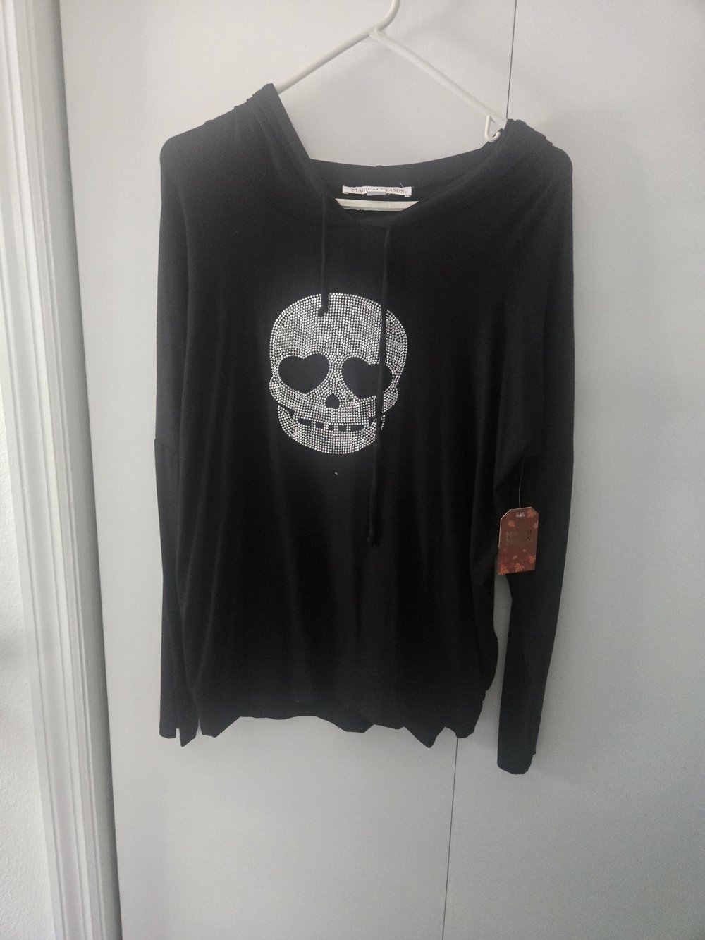Black Long-Sleeve Skull Tee with Rhinestone Detail